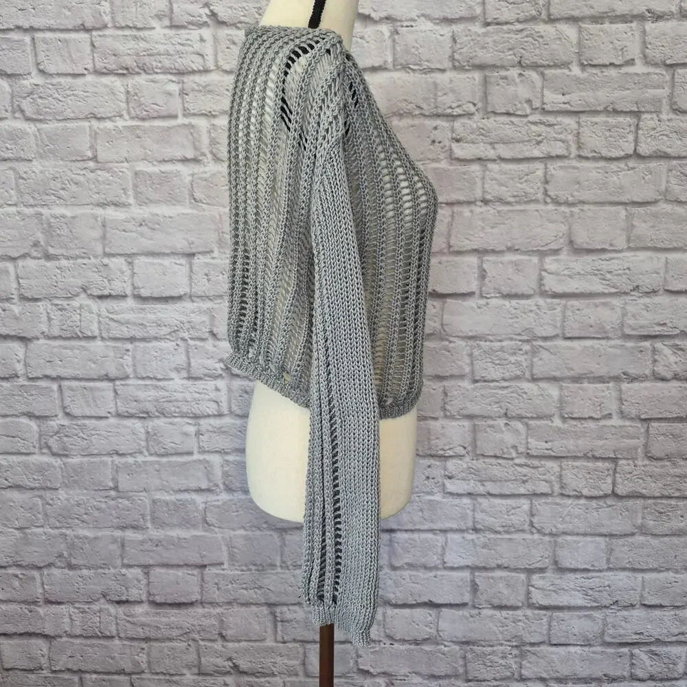 Miss Sparkling Sweater Grey Open Knit Crochet Crop Long Sleeve Women's Size S